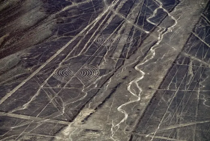 Framed Print : Spirals Geoglyphs, aerial view, Nazca, Ica Region, Peru Framed Print : Spirals Geoglyphs, aerial view, Nazca, Ica Region, Peru