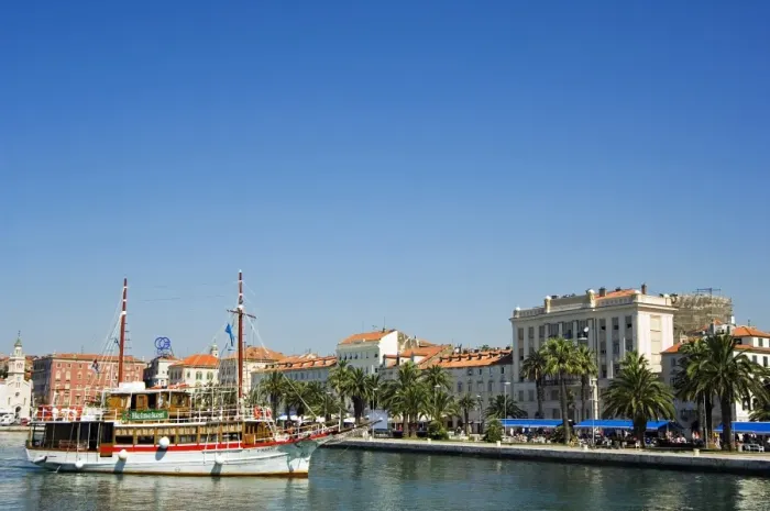 Framed Print : Split Waterfront Town Buildings and Harbour Sailing Ship