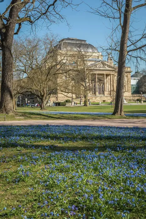 Framed Print : Spring meadow at park with State Theater, Wiesbaden, Hesse, Germany