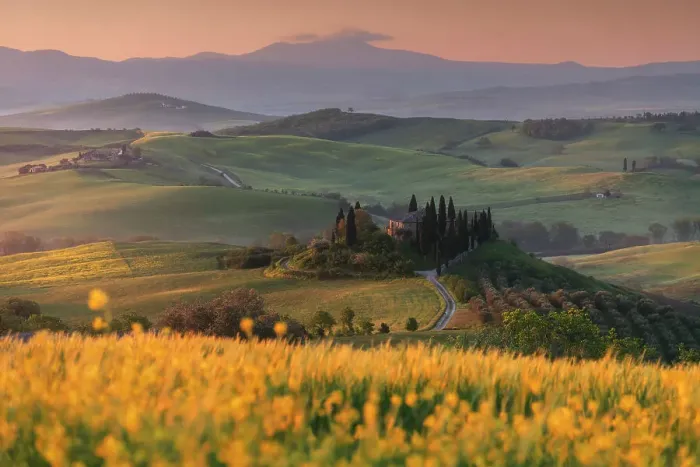 Framed Print : Spring sunrise with canola flowers over the iconic Podere Belvedere in Val d'Orcia, Tuscany, Italy