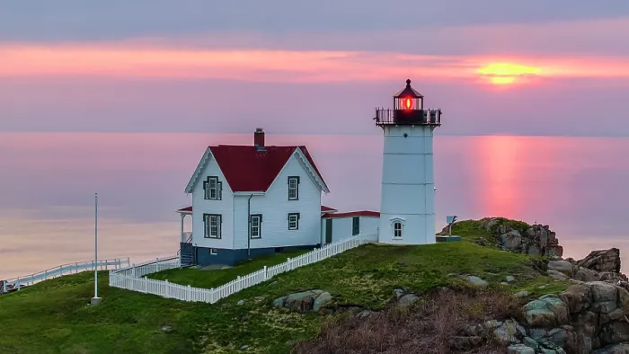 Framed Print : Spring sunrise at Nubble Lighthouse, York, Maine, USA