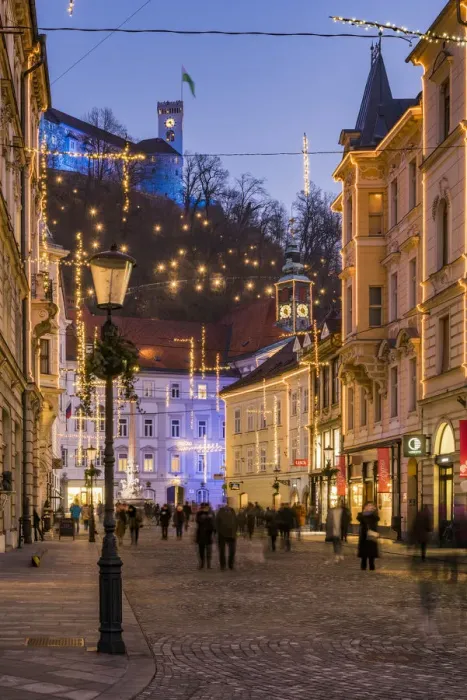 Framed Print : Sritar street with Ljubljana Castle in the background adorned with Christmas lights Framed Print : Sritar street with Ljubljana Castle in the background adorned with Christmas lights