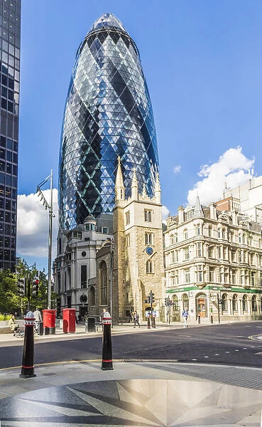 St Andrew Undershaft Church and The Gherkin also known as the Swiss Re building, London