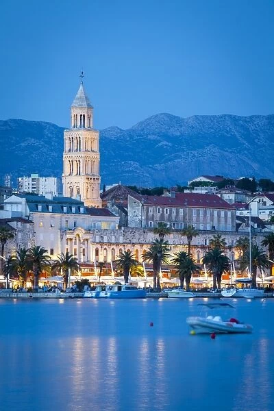 St. Domnius Cathedral Bell Tower & Stari Grad illuminated at dusk, Split, Central Dalmatia