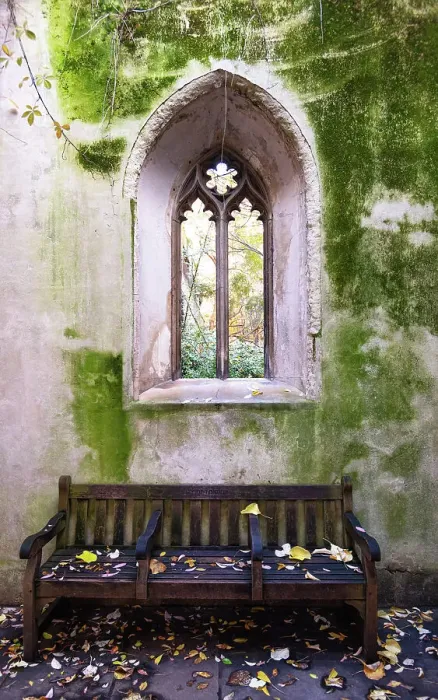 Framed Print : St Dunstan in the East church window and bench, London, England Framed Print : St Dunstan in the East church window and bench, London, England