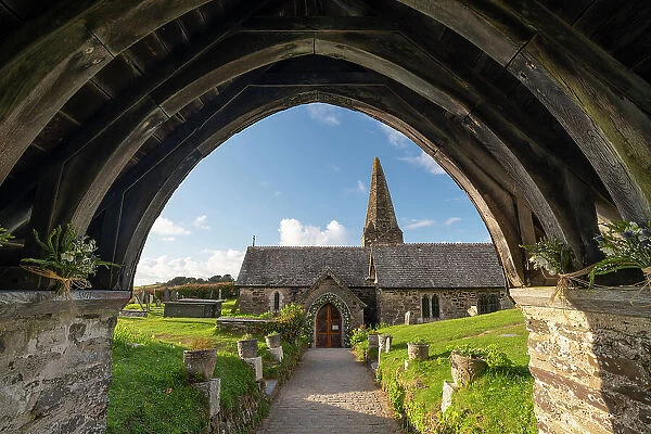 St Enodoc Church through the Lychgate, Trebetherick, Cornwall, England. Spring (April) 2022