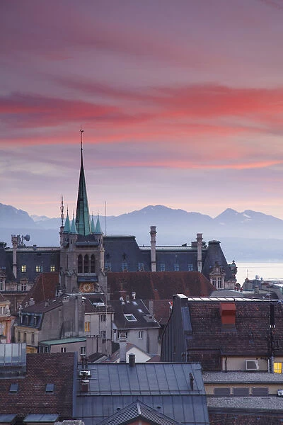 St Francois Church and city skyline at dusk, Lausanne, Vaud, Switzerland