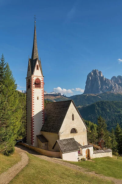 St. Jacob Church with Sassolungo Mountain in the Background, Ortisei - St. Ulrich, Trentino Alto Adige, Dolomites, Italy