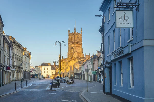 St. John Baptish Church and the High Street, Cirencester, Cotswolds, Gloucestershire