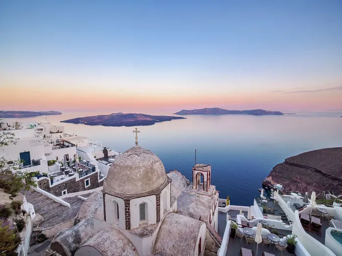 Framed Print : St. John the Theologian Holy Orthodox Church at dawn, elevated view, Fira, Santorini or Thira Island, Cyclades, Greece Framed Print : St. John the Theologian Holy Orthodox Church at dawn, elevated view, Fira, Santorini or Thira Island, Cyclades, Greece