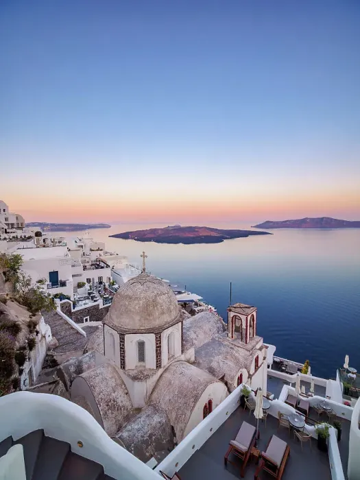 Framed Print : St. John the Theologian Holy Orthodox Church at dawn, elevated view, Fira, Santorini or Thira Island, Cyclades, Greece Framed Print : St. John the Theologian Holy Orthodox Church at dawn, elevated view, Fira, Santorini or Thira Island, Cyclades, Greece