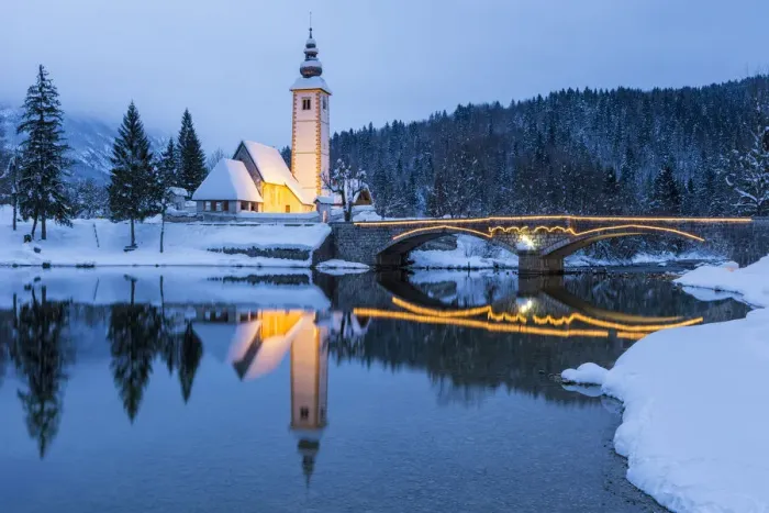Framed Print : St. Johns Church and bridge on the shore of Lake Bohinj, Slovenia Framed Print : St. Johns Church and bridge on the shore of Lake Bohinj, Slovenia