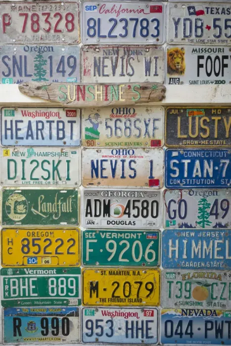Framed Print : St. Kitts and Nevis, Nevis, Pinneys Beach, license plates Framed Print : St. Kitts and Nevis, Nevis, Pinneys Beach, license plates