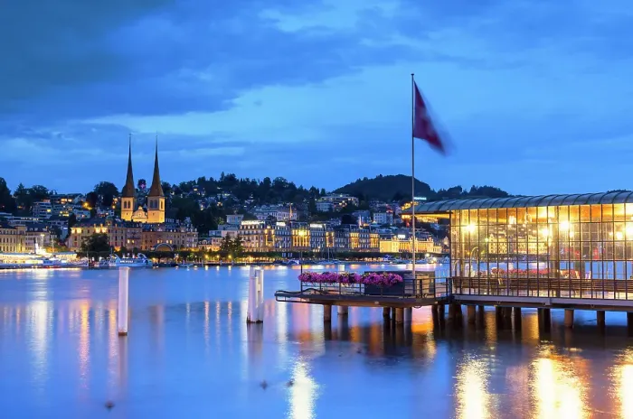 Framed Print : St Leodegar Church and ferry pier at dusk, Lucerne, Switzerland Framed Print : St Leodegar Church and ferry pier at dusk, Lucerne, Switzerland