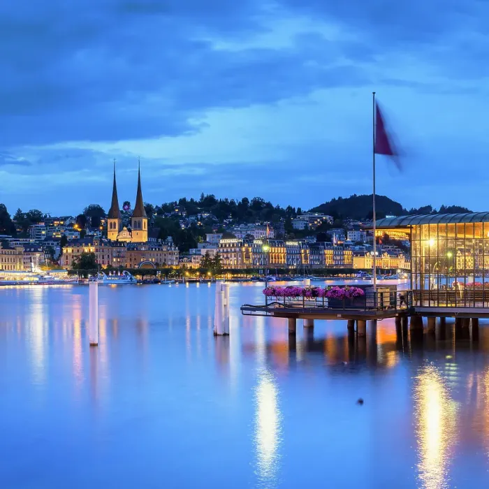 Framed Print : St Leodegar Church and ferry pier at dusk, Lucerne, Switzerland Framed Print : St Leodegar Church and ferry pier at dusk, Lucerne, Switzerland
