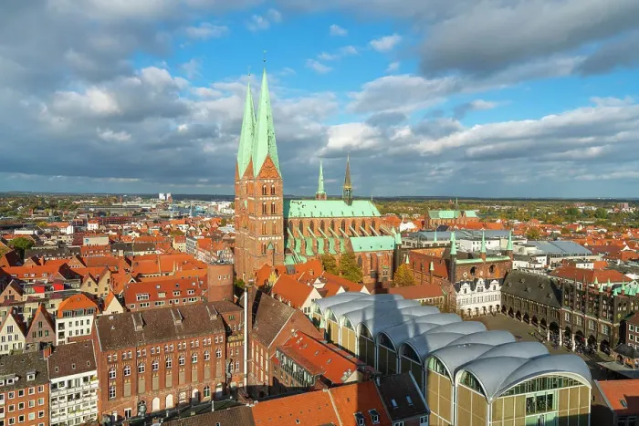Framed Print : St. Marienkirche church near Market Square and Town Hall in Lubeck, UNESCO, Schleswig-Holstein, Germany