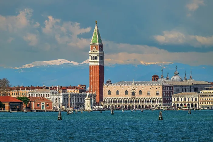 Framed Print : St Mark's Campanile and city skyline with snowy Alps in the background, Venice, Veneto, Italy Framed Print : St Mark's Campanile and city skyline with snowy Alps in the background, Venice, Veneto, Italy