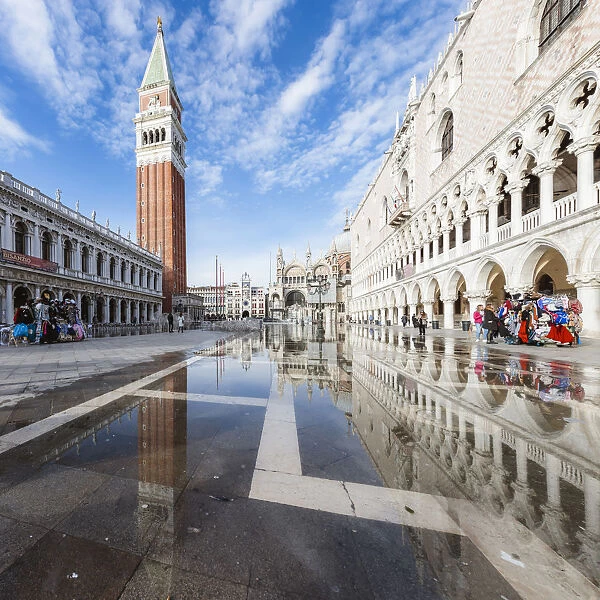 St Marks square flooded by high tide (Acqua alta), Venice, Italy