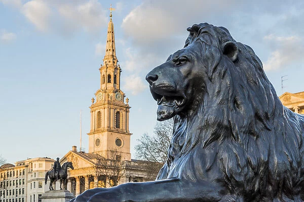 St Martin in the Fields church and Lion statues in Trafalgar Square, London, England