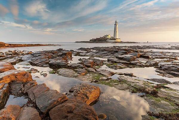 St Mary's Lighthouse at dawn, . Whitley Bay, Northumberland, England. Autumn (October) 2021