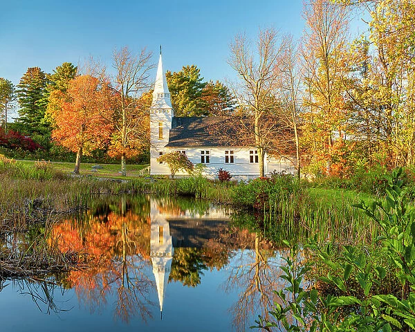 St. Matthew's Chapel Reflecting in Pond, Sugar Hill, New Hampshire, New England, USA