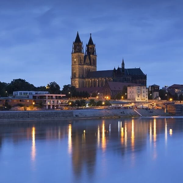 St Mauritius and St Katharina Cathedral and River Elbe at dusk, Magdeburg, Saxony-Anhalt