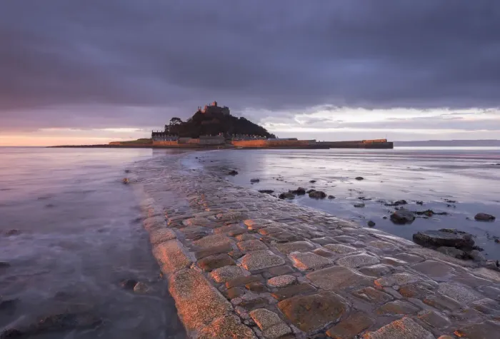 Framed Print : St Michaels Mount and the Causeway at dawn, Marazion, Cornwall, England. Winter Framed Print : St Michaels Mount and the Causeway at dawn, Marazion, Cornwall, England. Winter