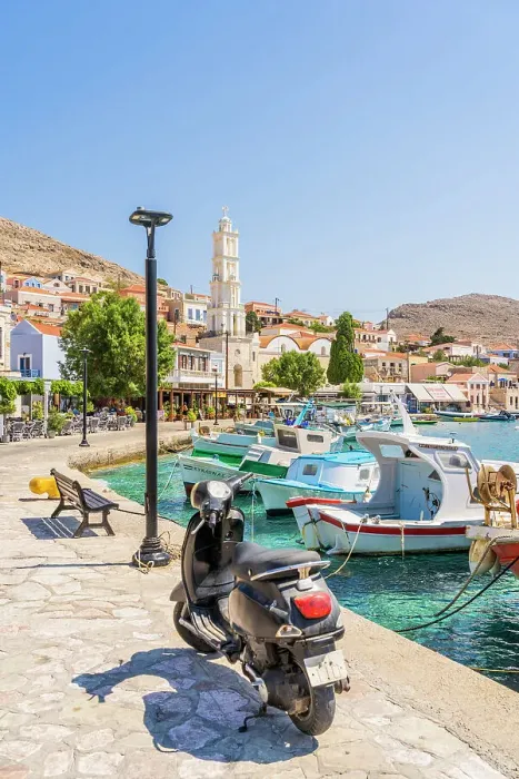 Framed Print : St Nicholas Church and the harbour, Halki, Dodecanese Islands, Greece