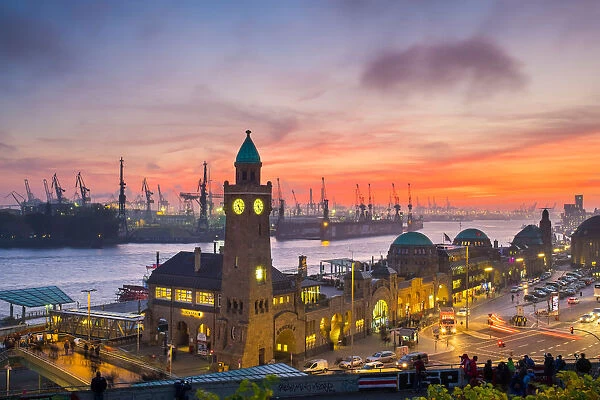 St. Pauli LandungsbrAoken and the Elbe River at sunset, Hamburg, Germany