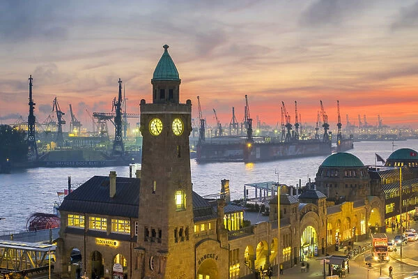 St. Pauli Landungsbroken and the Elbe River at sunset, Hamburg, Germany
