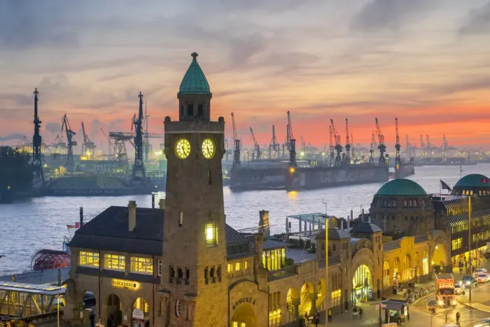 Framed Print : St. Pauli Landungsbroken and the Elbe River at sunset, Hamburg, Germany Framed Print : St. Pauli Landungsbroken and the Elbe River at sunset, Hamburg, Germany