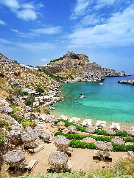 St Paul's Bay Beach and Acropolis of Lindos, Rhodes Island, Dodecanese, Greece