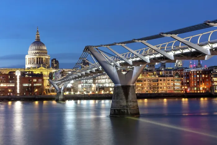 Framed Print : St Paul's Cathedral and the Millennium Bridge at twilight, London, England Framed Print : St Paul's Cathedral and the Millennium Bridge at twilight, London, England