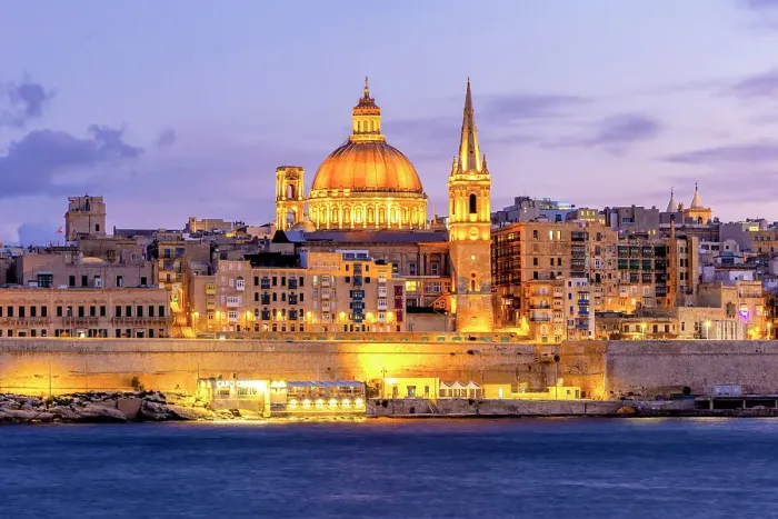 Framed Print : St Paul's Pro-Cathedral and The Basilica of Our Lady of Mount Carmel at Dusk, Marsamxett Harbour, Valletta, Malta, Southern Europe