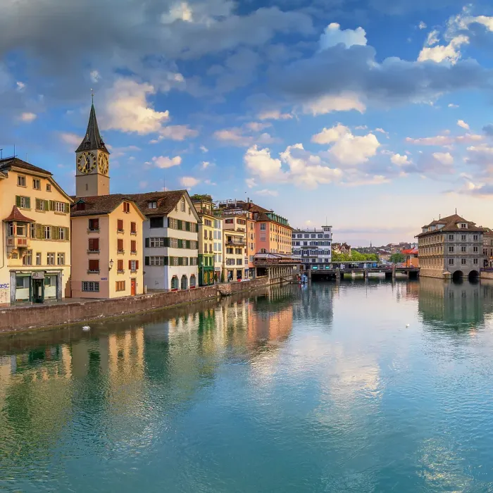Framed Print : St Peter Church and Limmat River at sunrise, Zurich, Switzerland Framed Print : St Peter Church and Limmat River at sunrise, Zurich, Switzerland