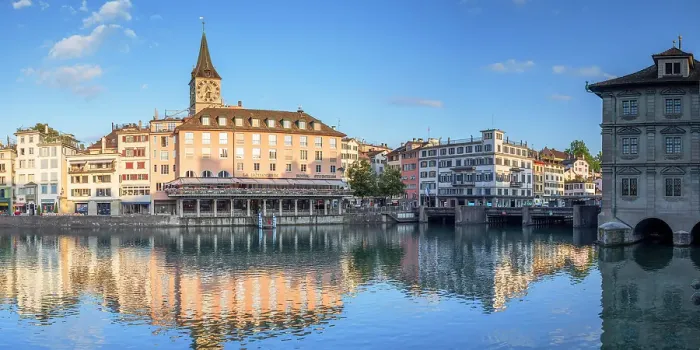Framed Print : St Peter Church and Town Hall on Limmat River, Zurich, Switzerland Framed Print : St Peter Church and Town Hall on Limmat River, Zurich, Switzerland