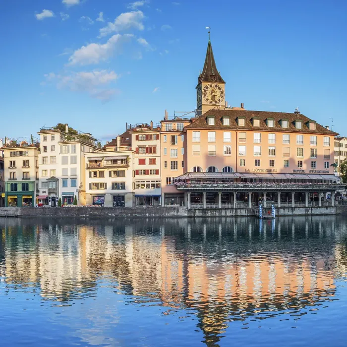 Framed Print : St Peter Church and Town Hall on Limmat River, Zurich, Switzerland