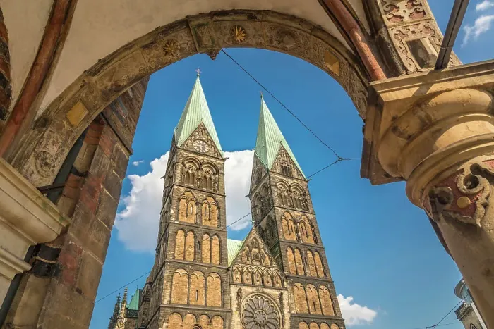 Framed Print : St. Petri Cathedral seen from the town hall colonnade, Bremen, Germany Framed Print : St. Petri Cathedral seen from the town hall colonnade, Bremen, Germany