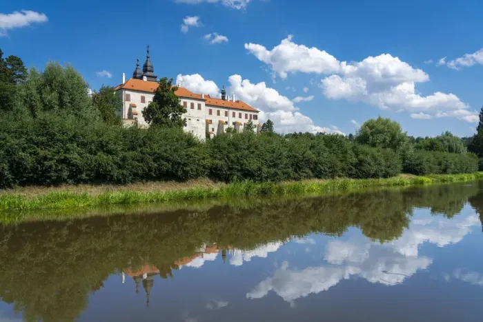 Framed Print : St. Procopius Basilica reflecting in Jihlava River on sunny day, UNESCO, Trebic Framed Print : St. Procopius Basilica reflecting in Jihlava River on sunny day, UNESCO, Trebic