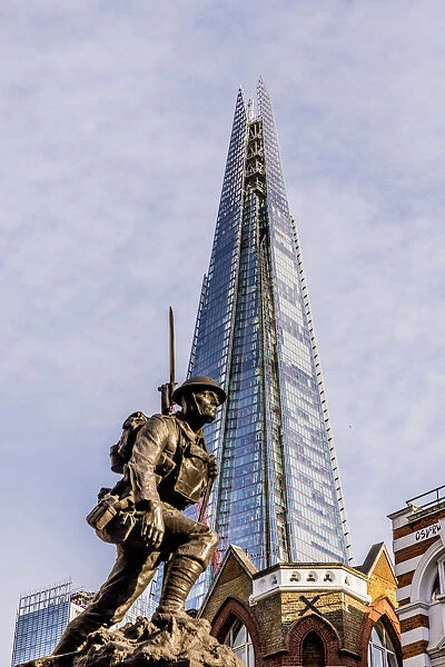 St Saviours War Memorial, statue and The Shard, London, England