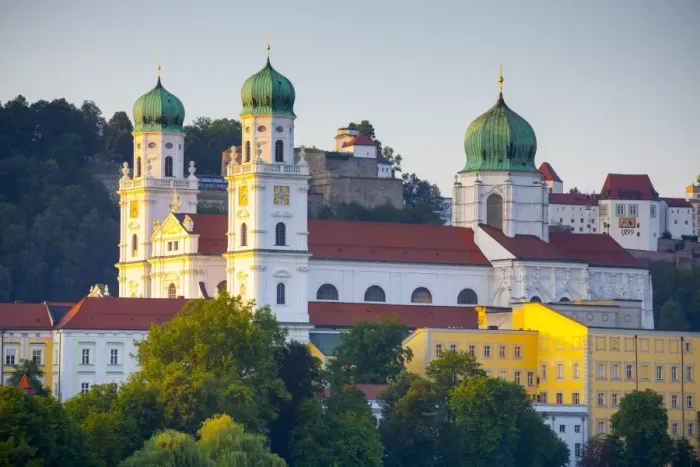 Framed Print : St. Stephans Cathedral & Veste Oberhaus fortress illuminated at sunset, Passau, Lower Bavaria Framed Print : St. Stephans Cathedral & Veste Oberhaus fortress illuminated at sunset, Passau, Lower Bavaria