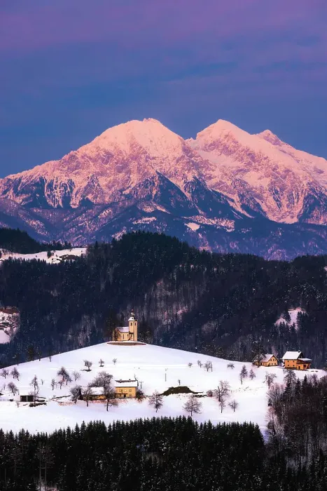 Framed Print : St Thomas Church and the Kamnik Alps, Rantovse, Slovenia at sunset