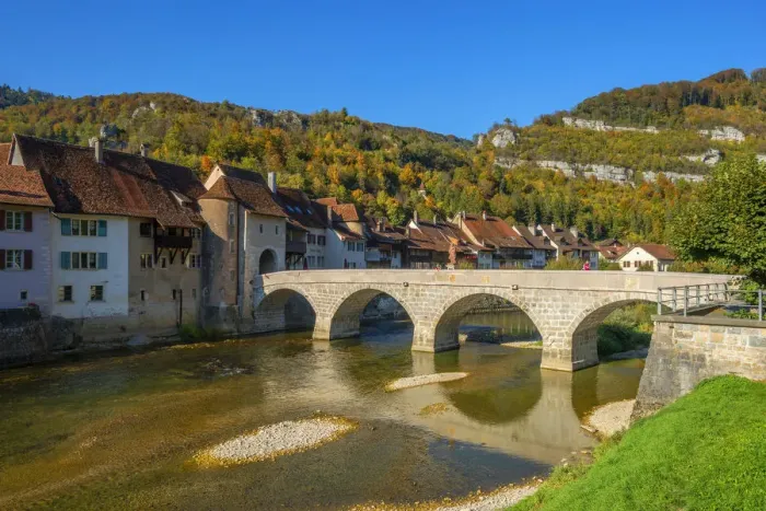 Framed Print : St. Ursanne with river Doubs, Jura, Switzerland Framed Print : St. Ursanne with river Doubs, Jura, Switzerland