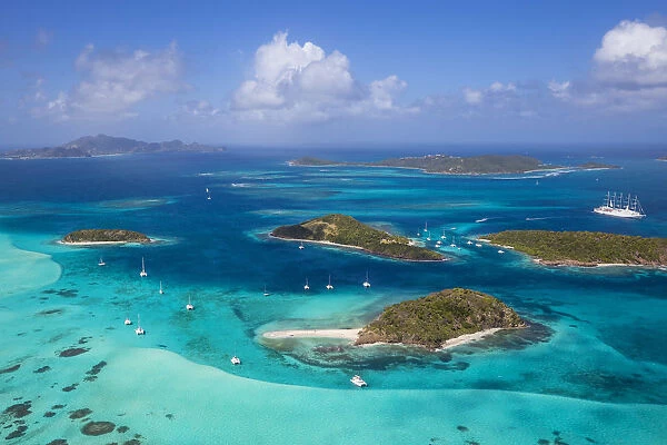 St Vincent and The Grenadines, Aerial view of the Tobago Cays and Club Med 2 cruise ship