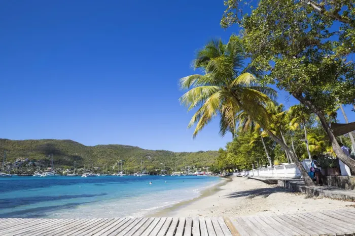 Framed Print : St Vincent and The Grenadines, Bequia, Belmont Walkway, Bequia Plantation Hotel and beach