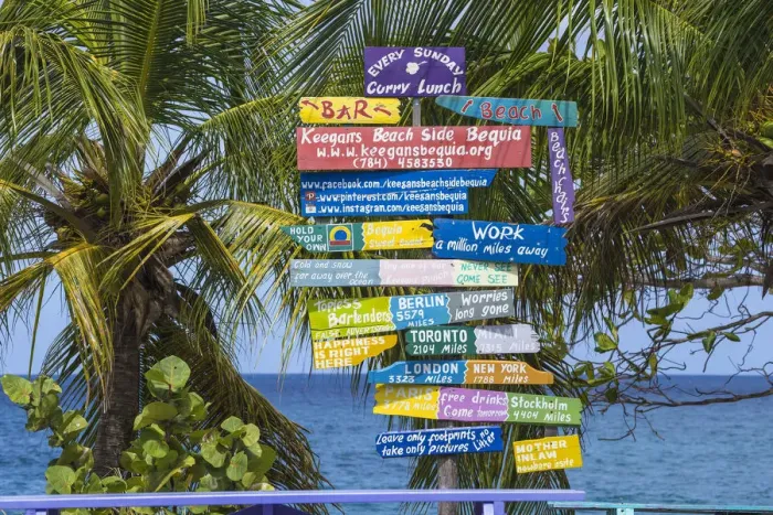 Framed Print : St Vincent and The Grenadines, Bequia, Sign posts at Lower Bay Framed Print : St Vincent and The Grenadines, Bequia, Sign posts at Lower Bay