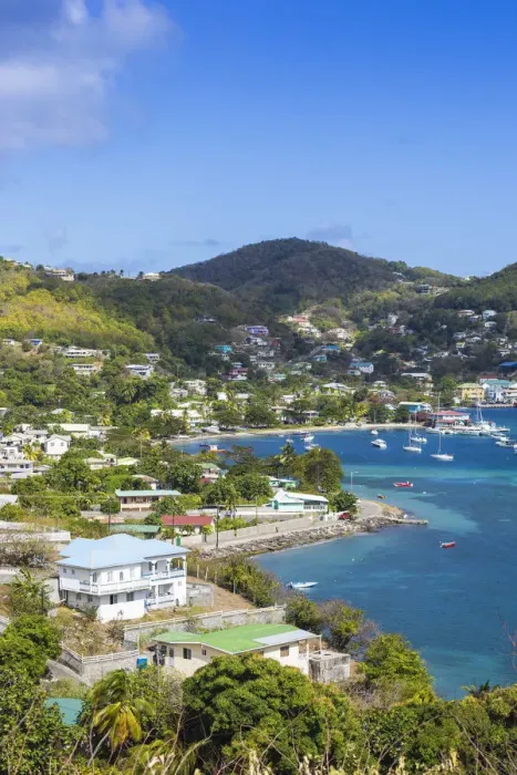 Framed Print : St Vincent and The Grenadines, Bequia, View of Admiralty Bay and Port Elizabeth