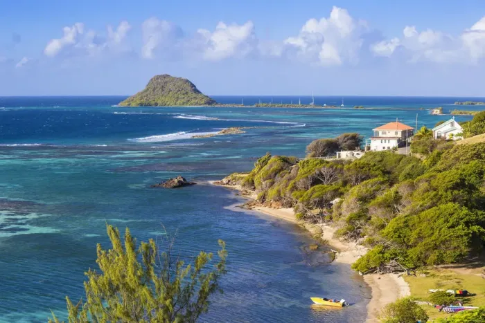 Framed Print : St Vincent and The Grenadines, View of beach on Union Island, with Frigate Island Framed Print : St Vincent and The Grenadines, View of beach on Union Island, with Frigate Island