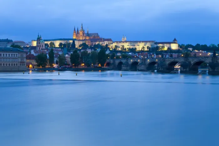 Framed Print : St. Vitus Cathedral, Charles Bridge and the Castle District illuminated at night, Prague Framed Print : St. Vitus Cathedral, Charles Bridge and the Castle District illuminated at night, Prague