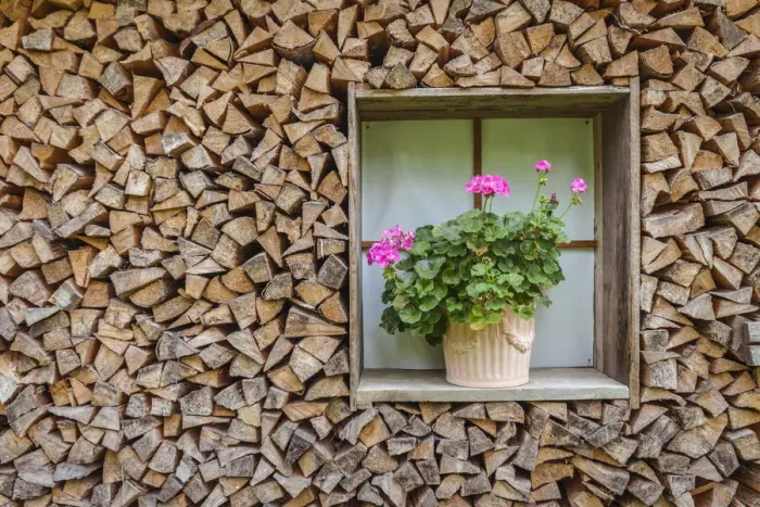 Framed Print : Stacked firewood and potted plant at historic farm near Seefeld in Tirol, Tyrol, Austria Framed Print : Stacked firewood and potted plant at historic farm near Seefeld in Tirol, Tyrol, Austria